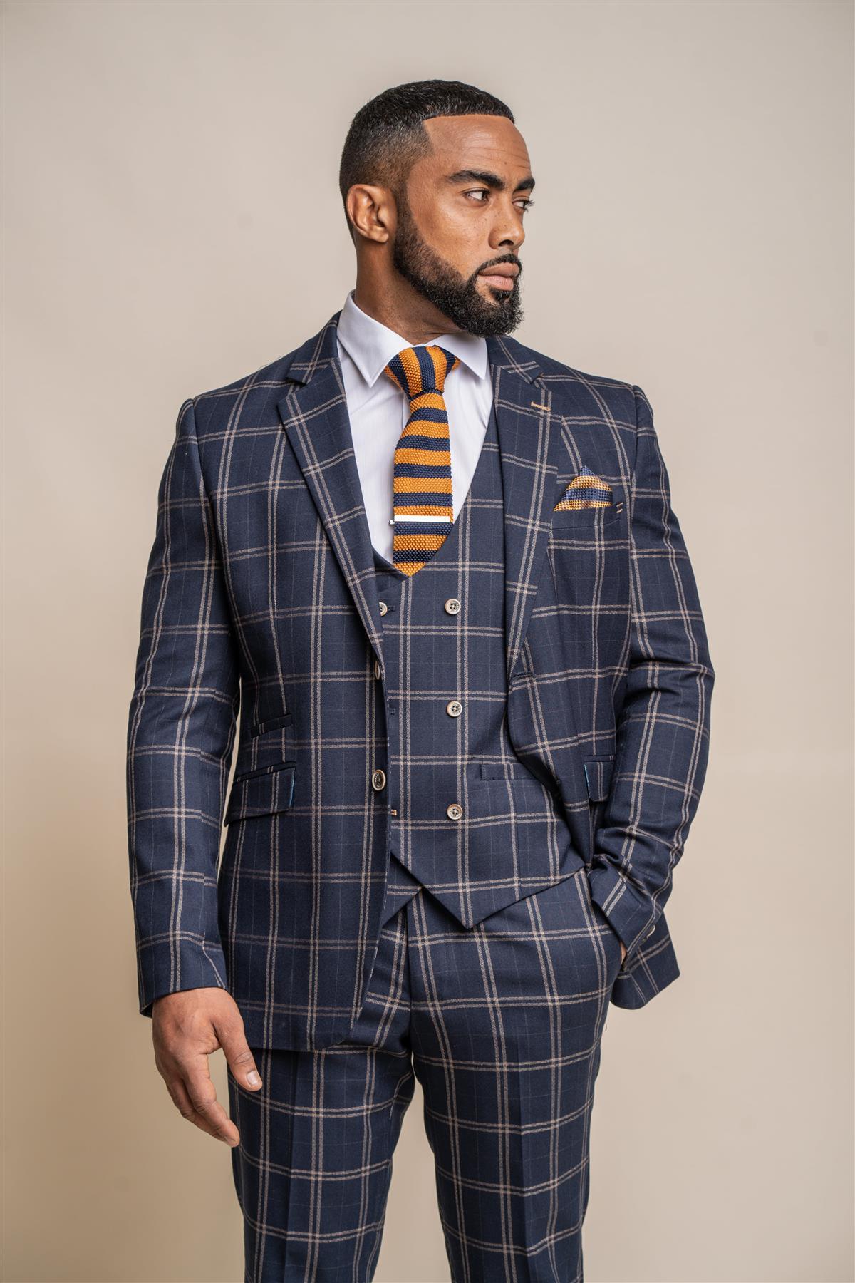Hardy navy check three piece suit front