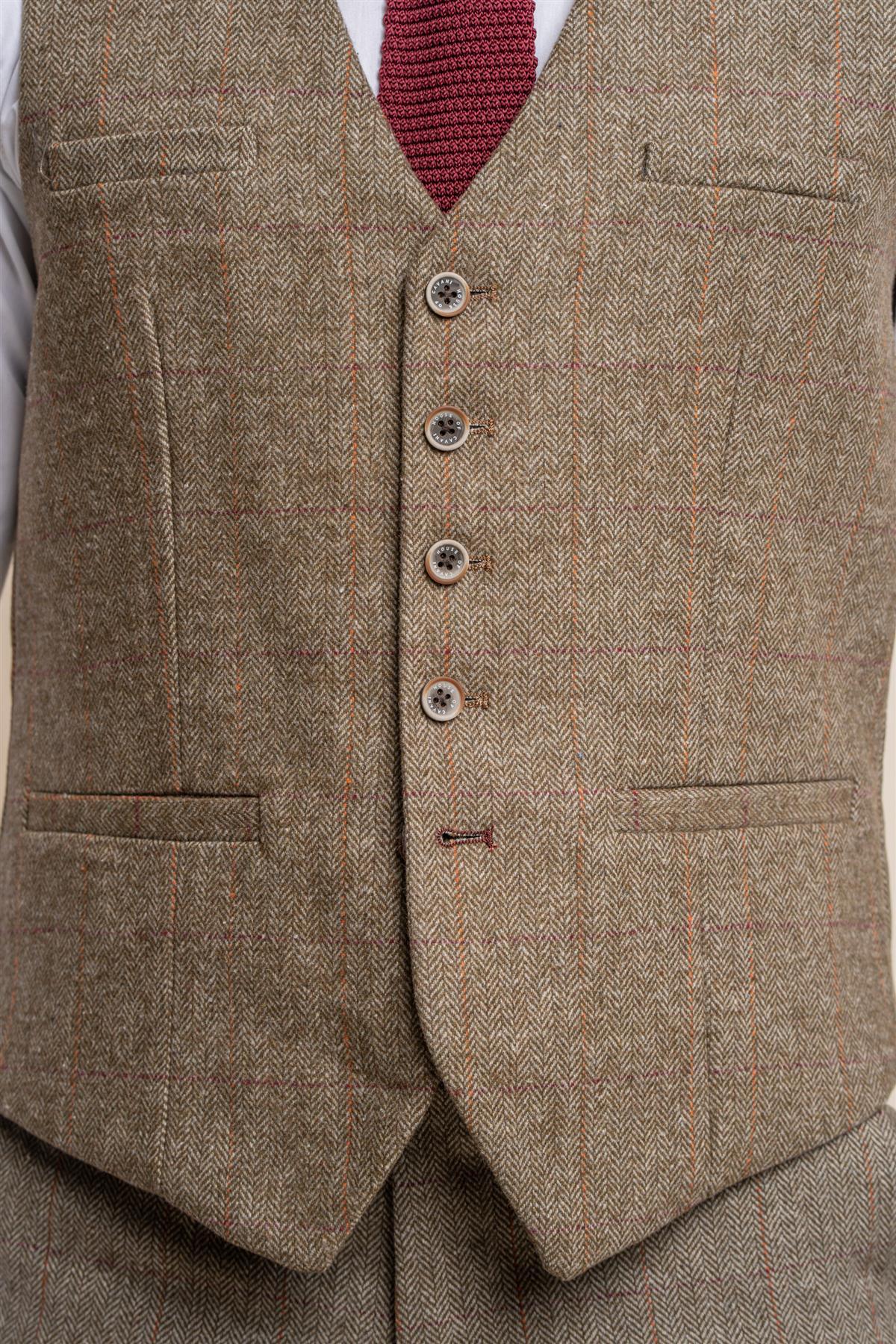 Gastson sage tweed waistcoat front detail