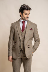 Gastson sage tweed three piece suit front