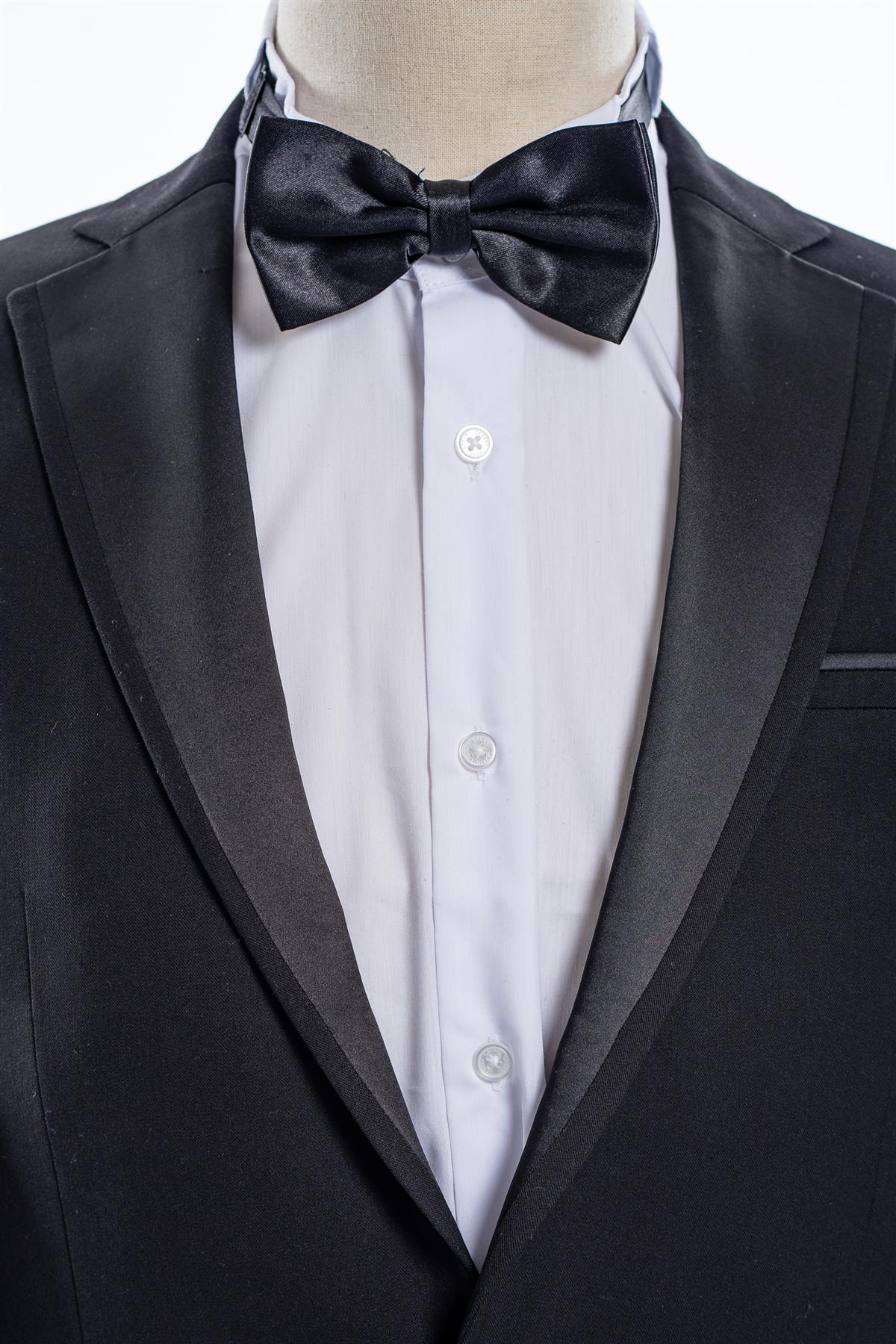Satin black bow tie set front