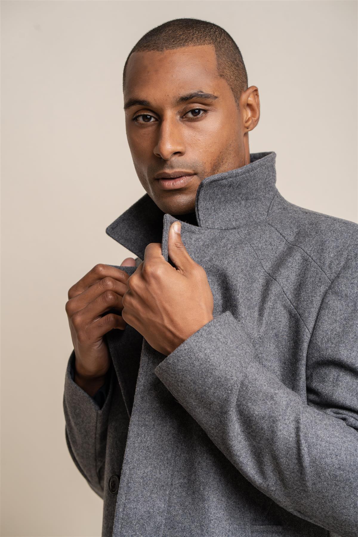 Nelson grey long coat front detail