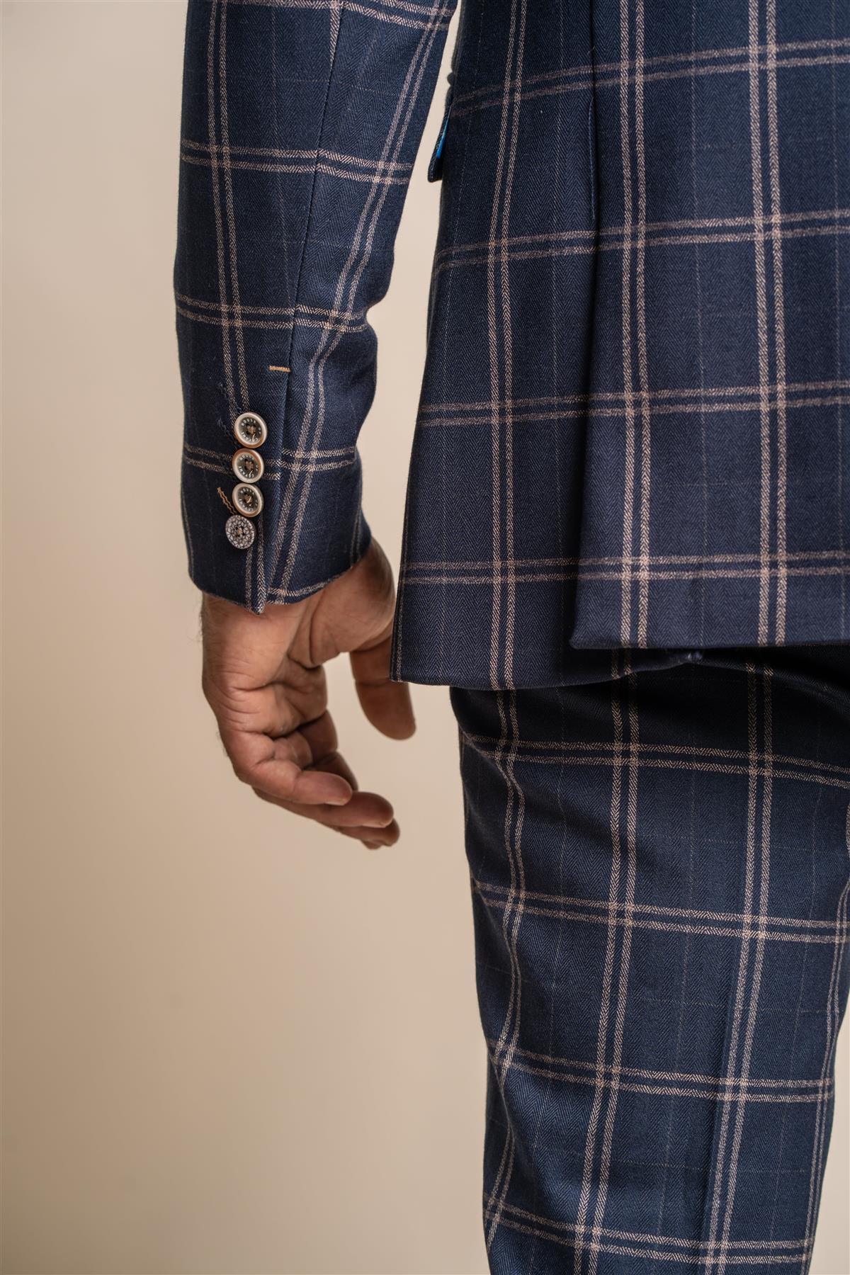 Hardy navy check three piece suit back detail