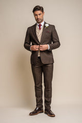 Caridi brown with Lennox beige double breasted waistcoat front 