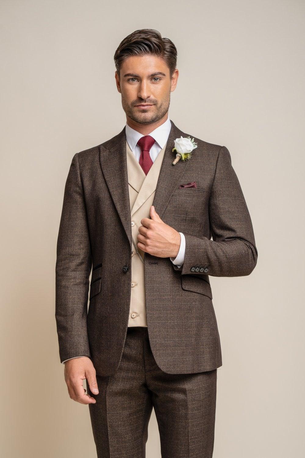 Caridi brown with Lennox beige double breasted waistcoat front