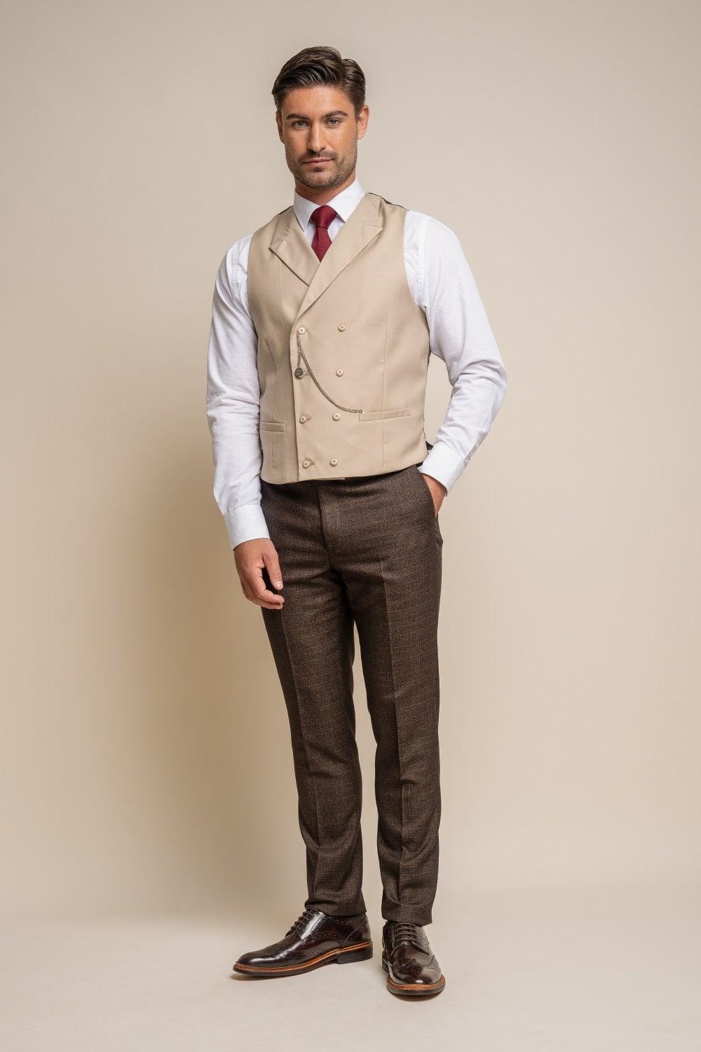 Lennox beige double breasted waistcoat with Caridi brown trouser front