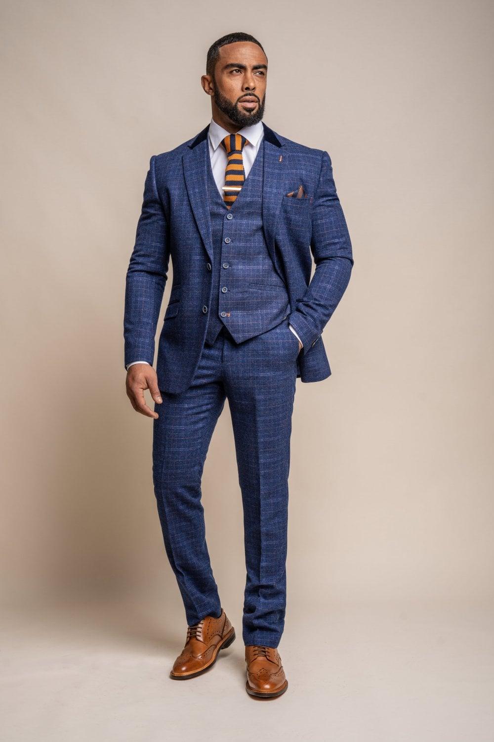 Kaiser blue check three piece suit front